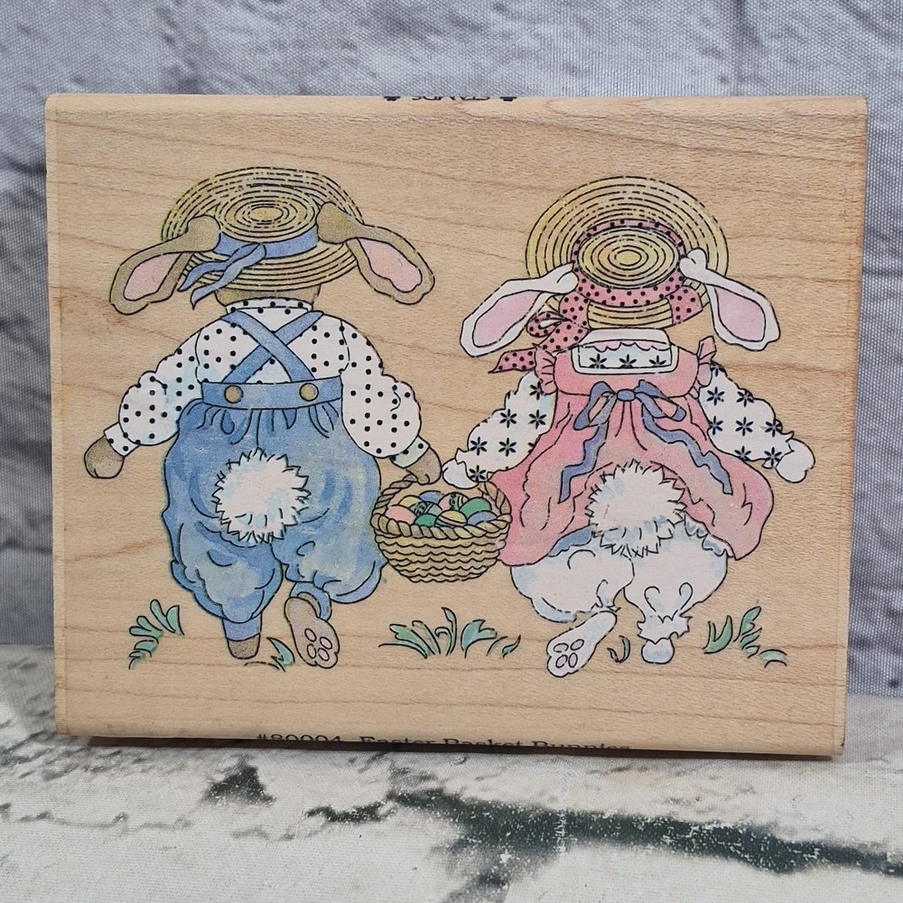 Vintage Stamps Happen #80004 Rubber Stamp Easter Basket Bunnies 4.5" Mounted